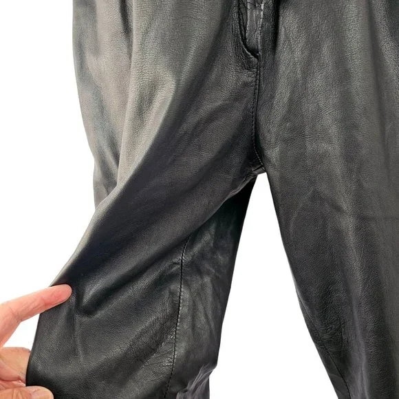 90s High Waist Leather Pants Laced Belt Slash Pockets Curved Hem Womens 26 Black - Picture 10 of 11